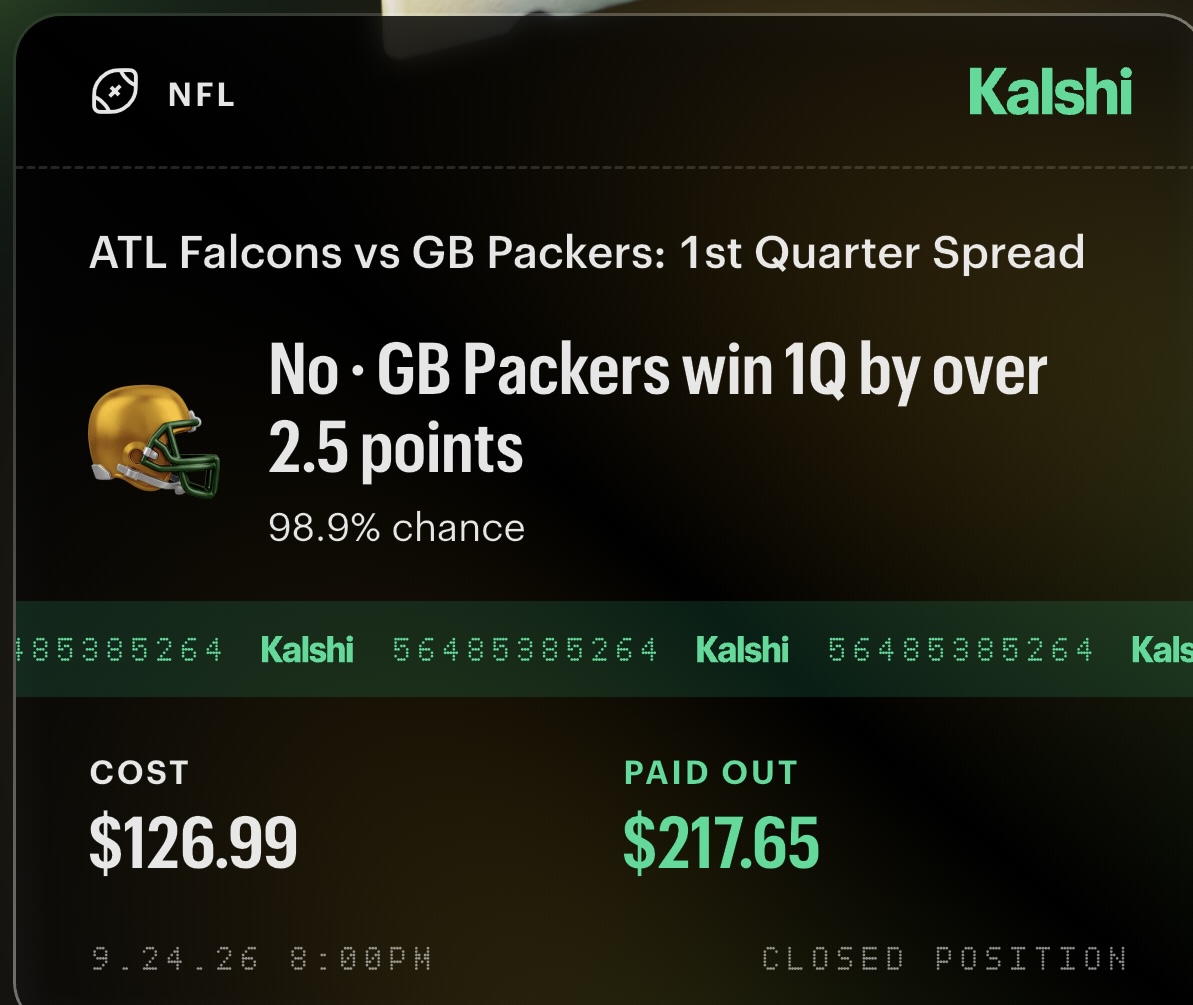 Submitted Falcons versus Packers first-quarter ticket showing $126.99 cost and $217.65 paid out