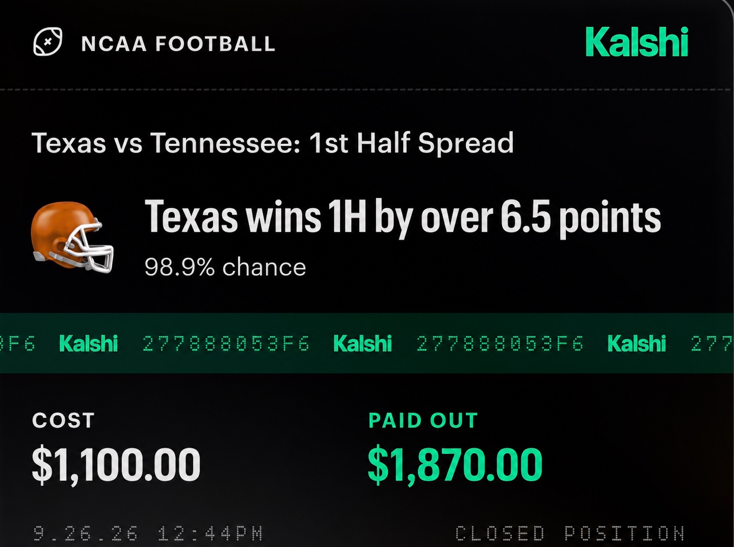 Submitted Texas versus Tennessee first-half spread ticket showing $1,100 cost and $1,870 paid out