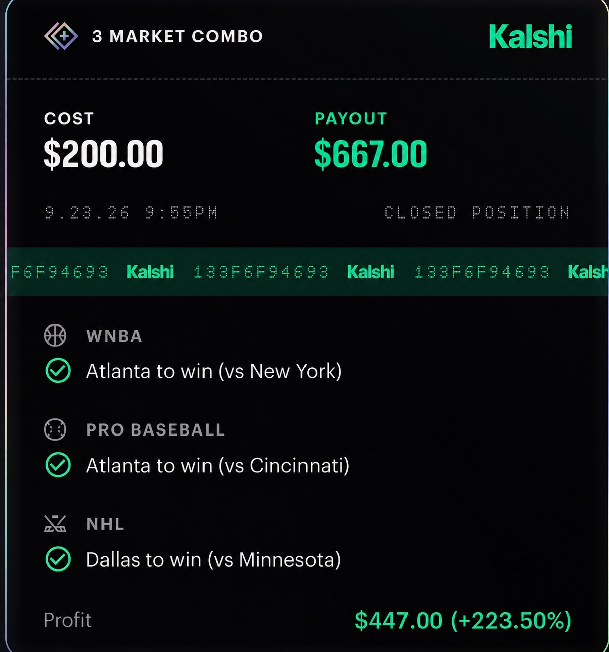 Submitted three-market combo ticket showing $200 cost, $667 payout, and a listed $447 profit that differs from the arithmetic